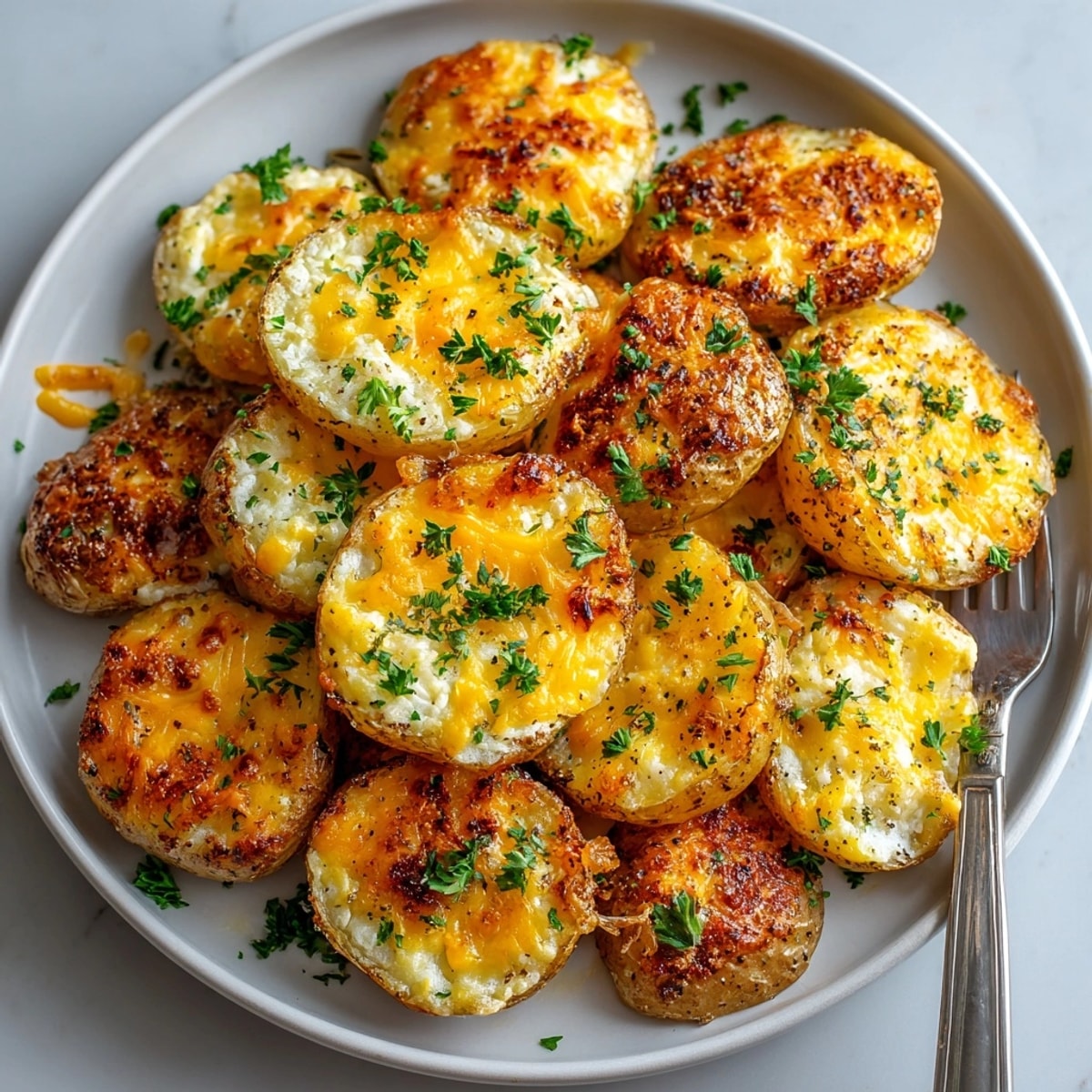Crispy Extra Cheesy Ranch Oven Roasted Potatoes fresh from the oven, cheese perfectly melted.