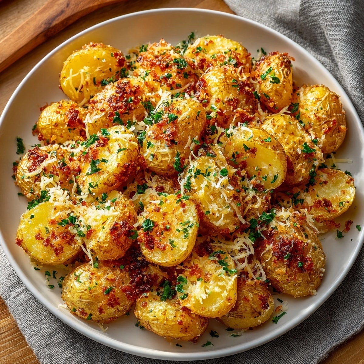 Extra Cheesy Ranch Oven Roasted Potatoes served hot, cheddar and parmesan cheese glistening on top.