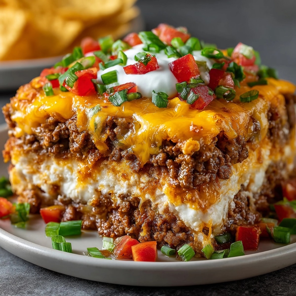 Meaty Texas Trash Dip bubbling with melted cheddar cheese, topped with fresh green onions and served hot.