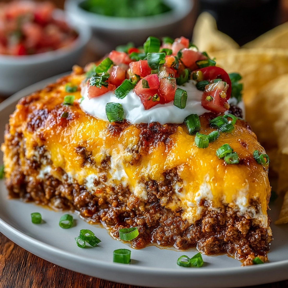 Baked Meaty Texas Trash Dip featuring layers of creamy beans, ground beef, and golden cheese with tortilla chips.