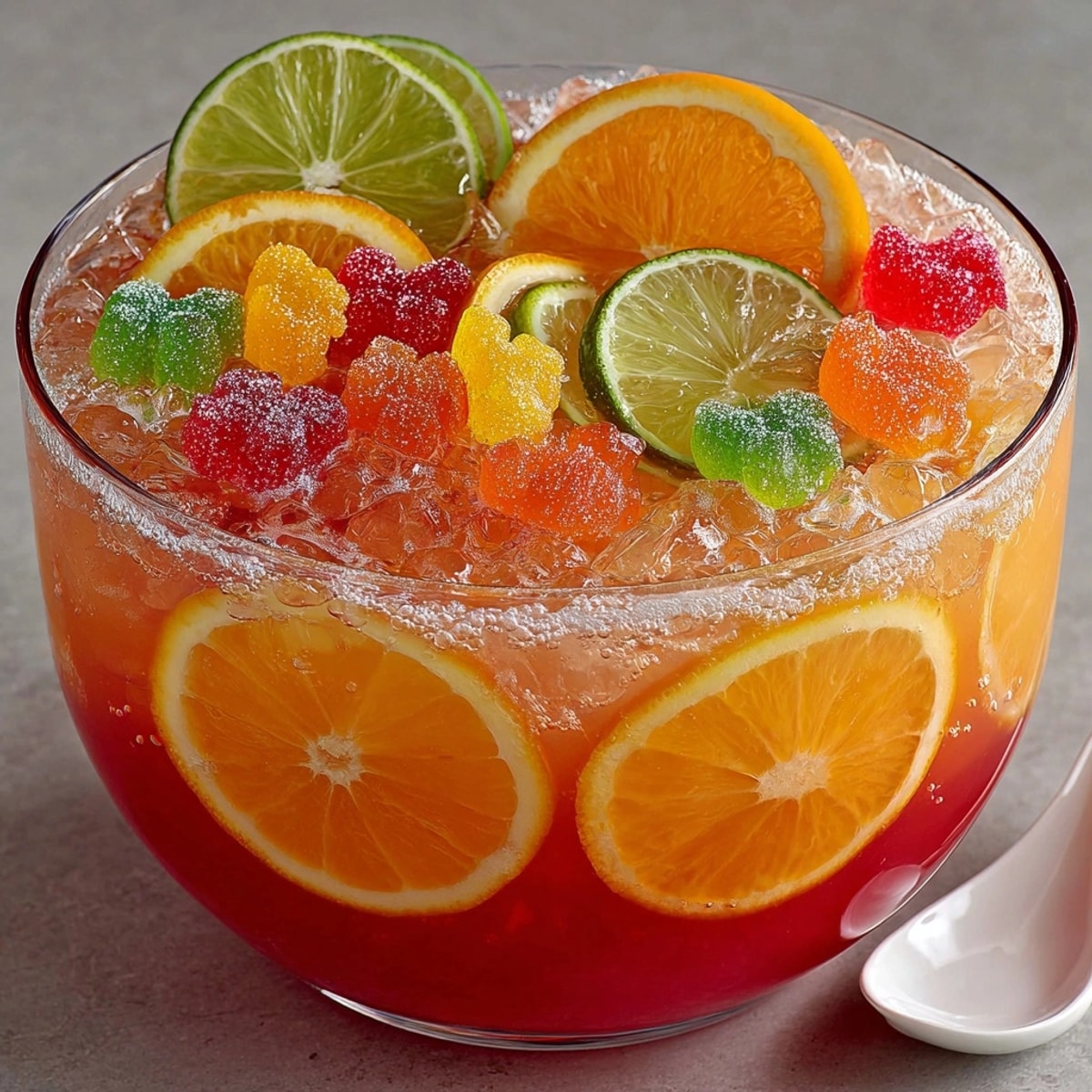 Vibrant green Witch’s Brew Party Punch in a clear bowl, garnished with citrus slices.