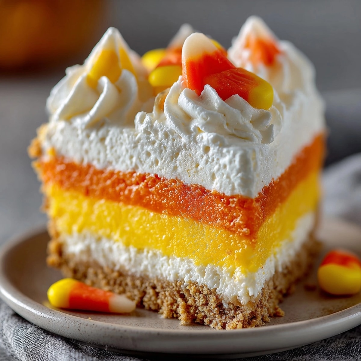 Candy Corn Cheesecake slice showing layers of creamy yellow, orange, and white filling.