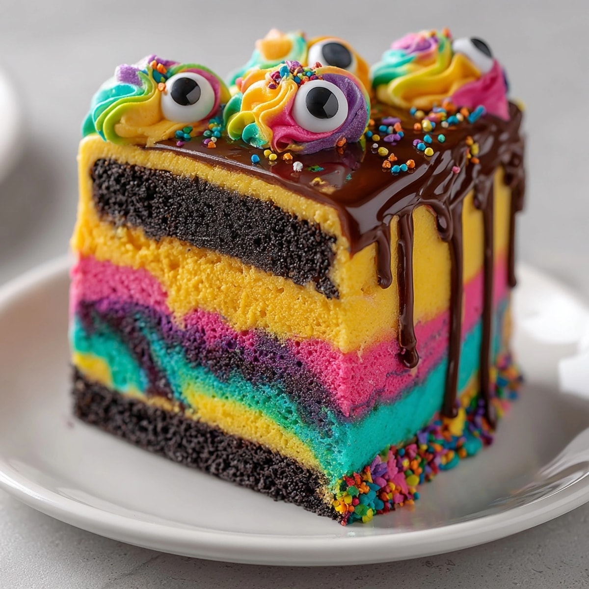 Close-up of a vibrant Neon Monster Drip Layer Cake with colorful frosting.