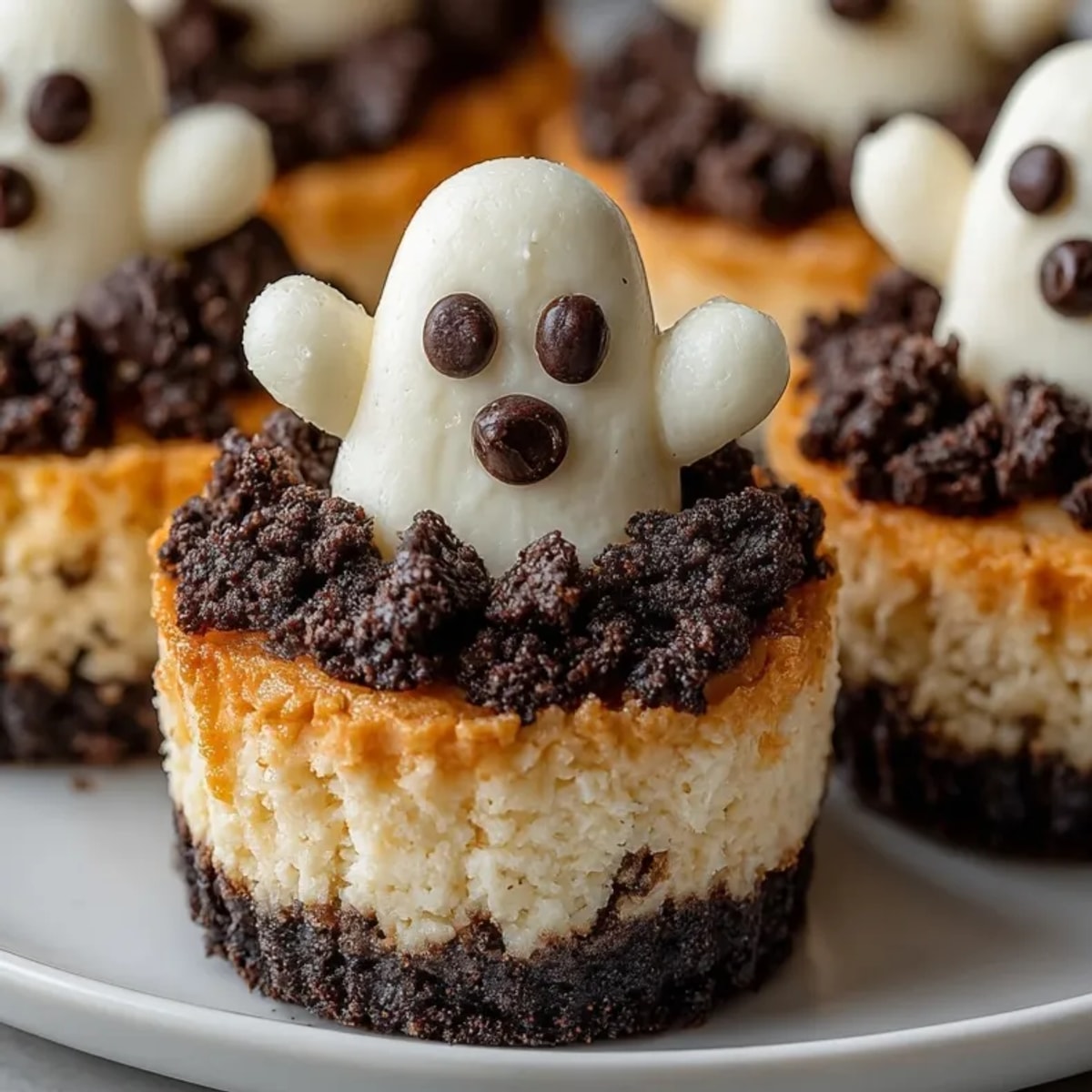 Creamy and cute Mini Ghost Cheesecake Cups, garnished with melted white chocolate ghosts.
