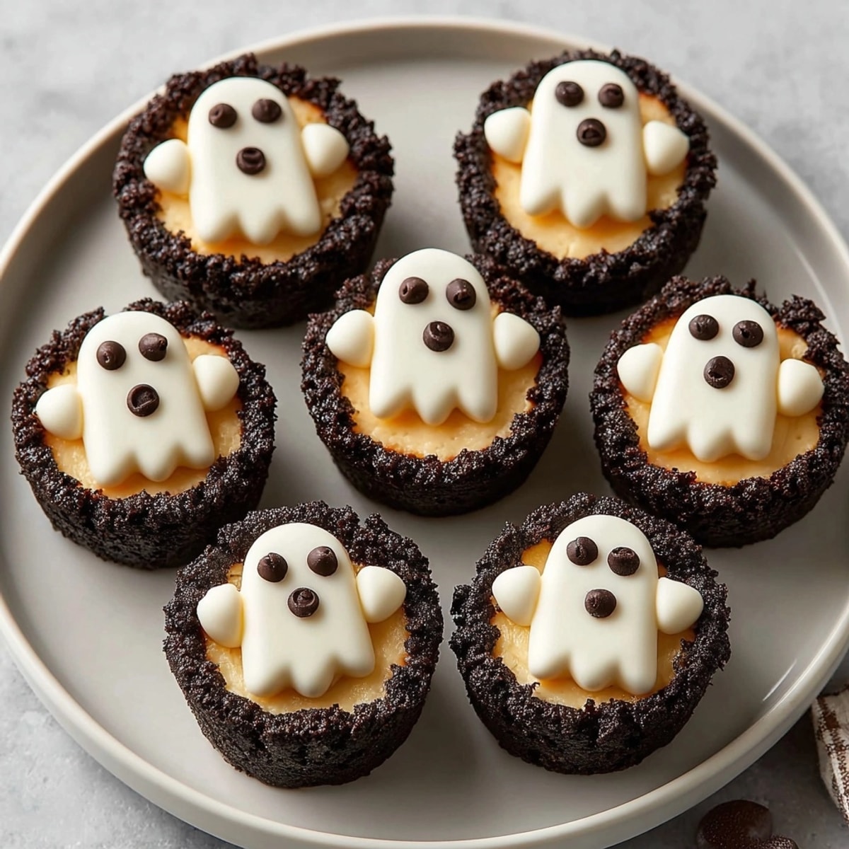Easy Mini Ghost Cheesecake Cups with simple decorations, perfect for Halloween dessert sharing.