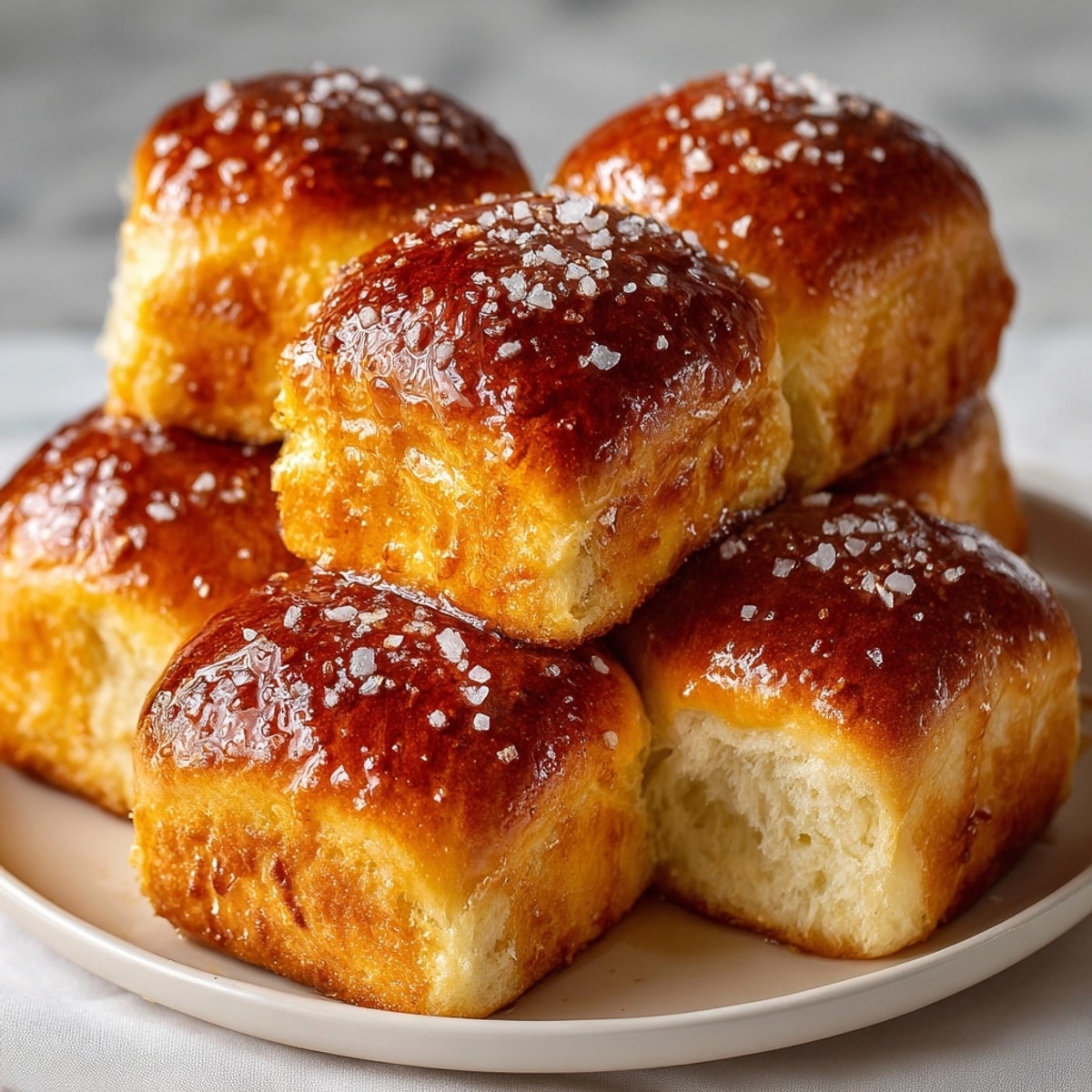 Golden Salted Honey Butter Parker House Rolls warm from the oven, brushed with honey.