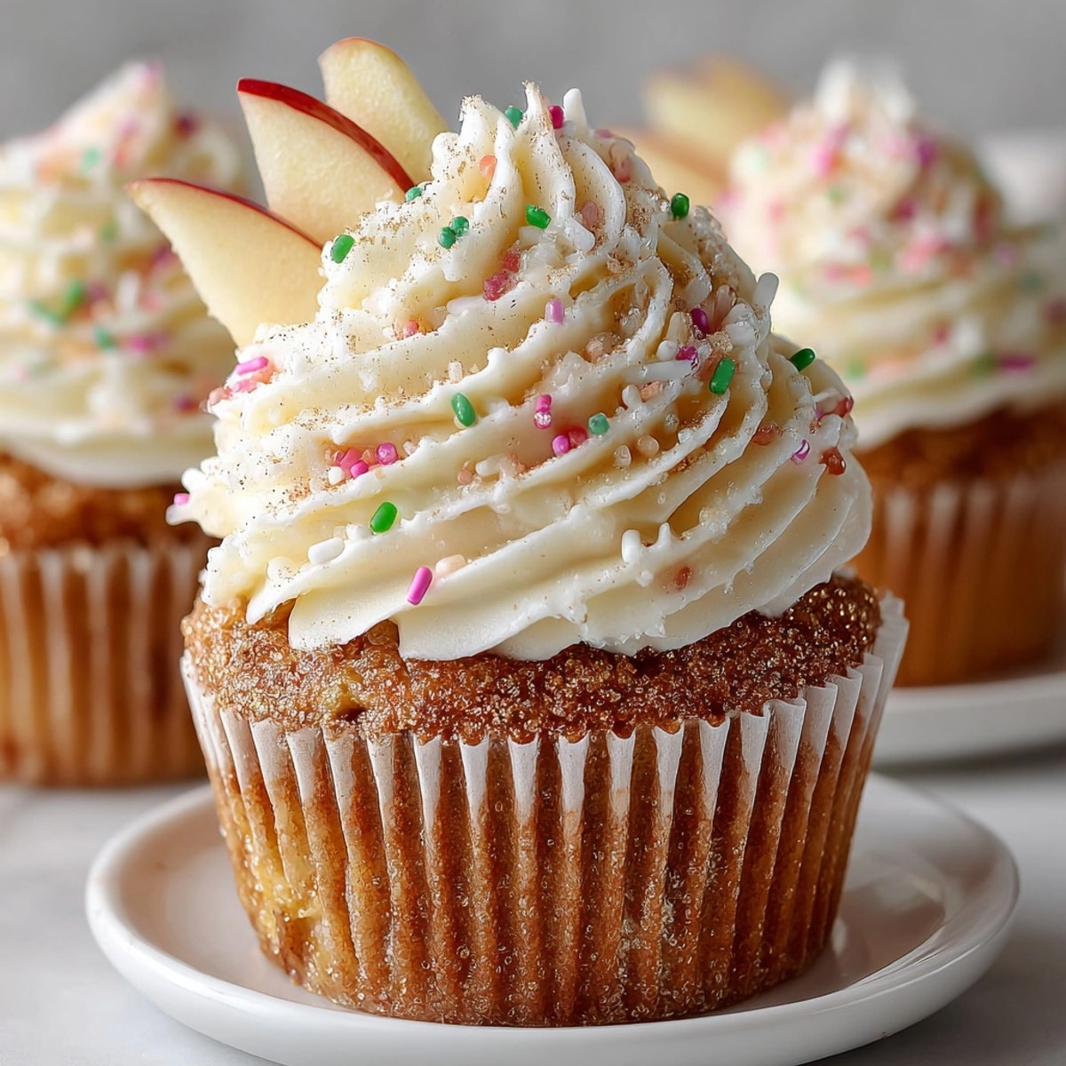 Close-up of Sparkling Cider Cupcakes reveals moist crumb and creamy, swirled buttercream frosting.
