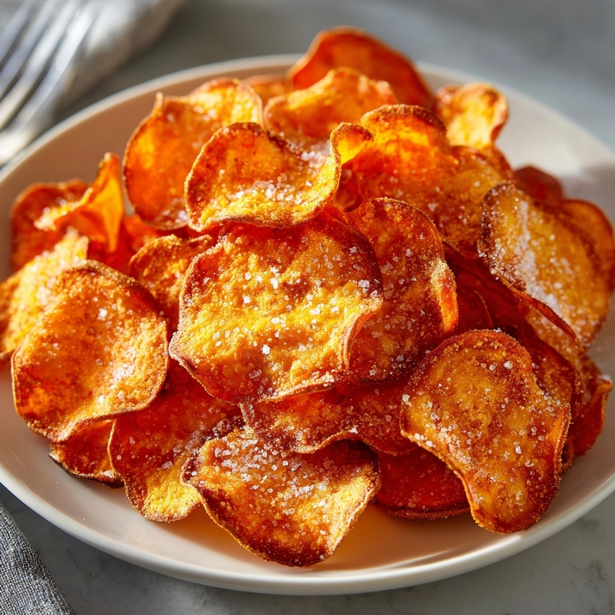 Golden Air-Fryer Sweet Potato Chips with Cinnamon Sugar, warm and crispy, ready to serve.