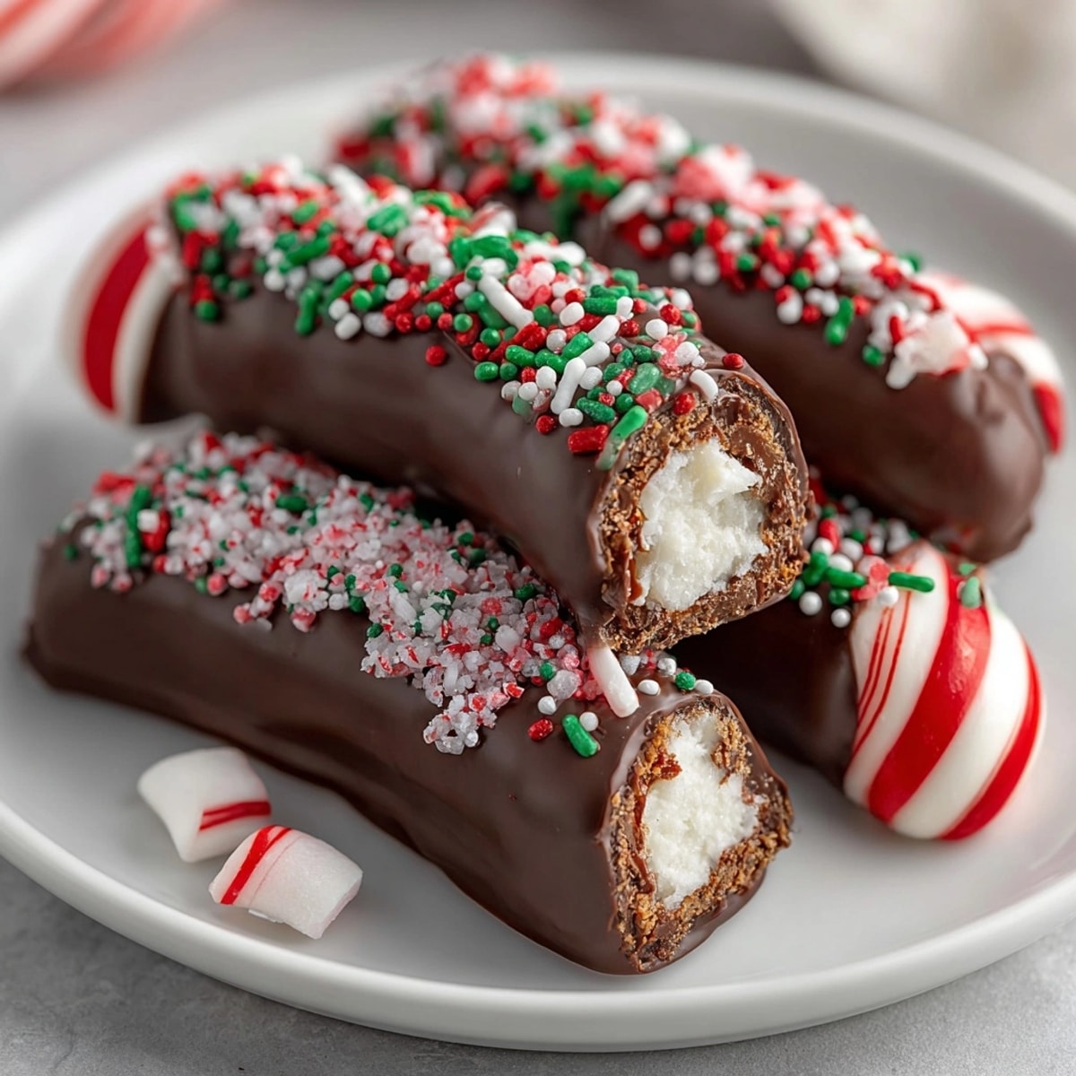Melted chocolate coats peppermint candy canes, topped with festive sprinkles, a beautiful dessert.