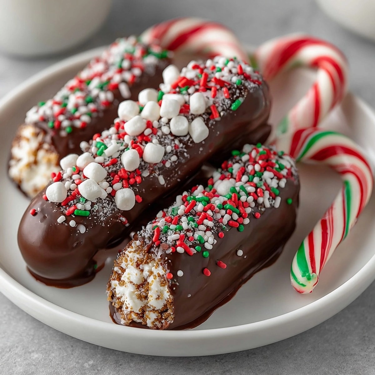 Homemade Chocolate-Dipped Candy Canes, cooling on parchment, festive and ready to serve.