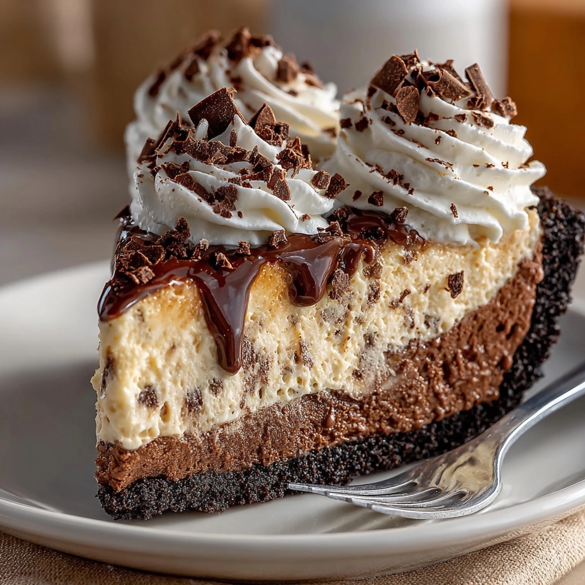 Creamy Brandy Alexander Pie: Frozen dessert swirled with chocolate and brandy, topped with whipped cream.