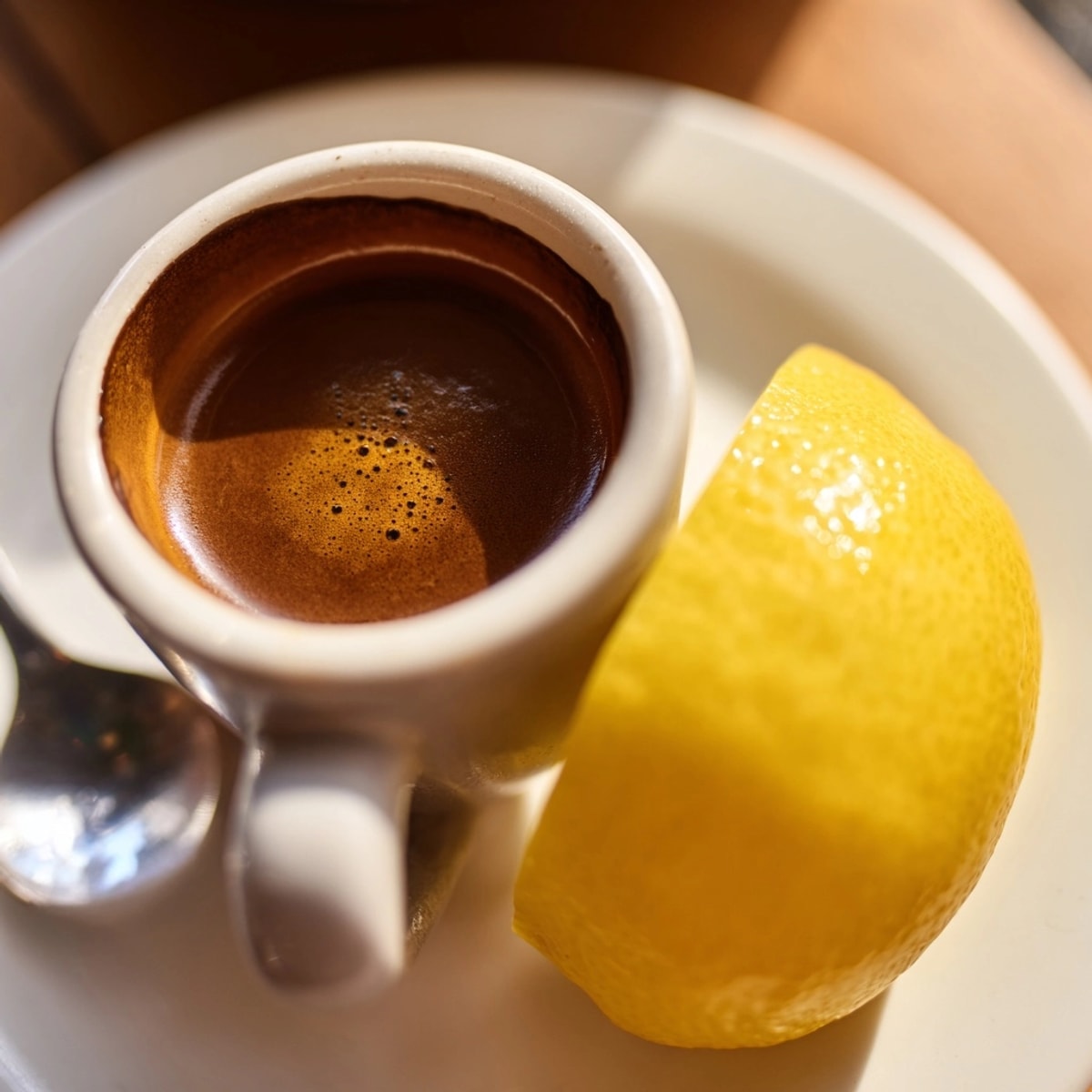 Espresso Romano: A bright, zesty coffee with a lemon wedge, freshly served.