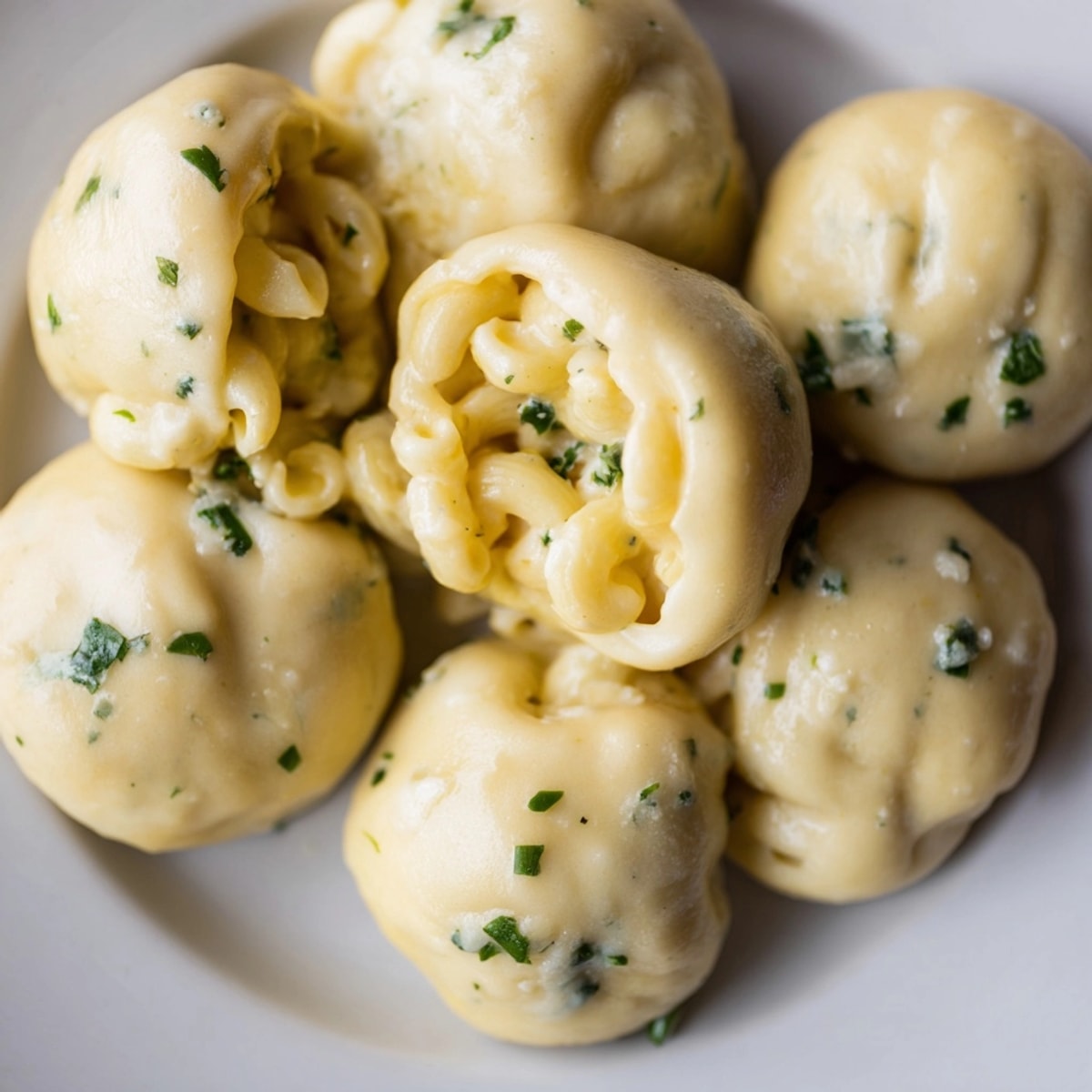 Warm, cheesy Mac and Cheese Garlic Dough Balls, served fresh with a sprinkle of parsley.