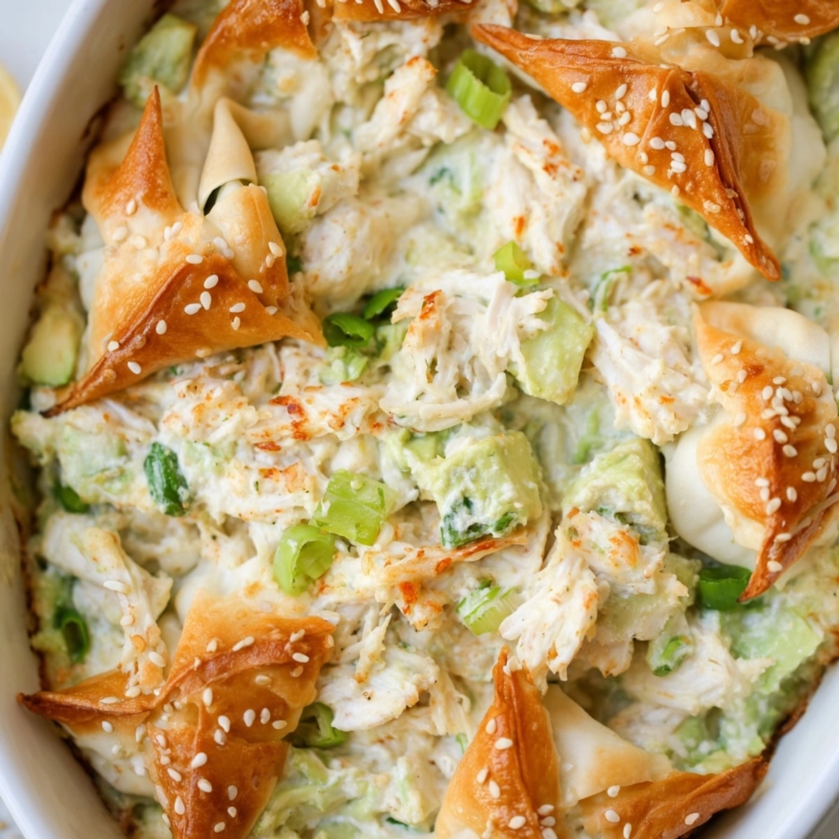 Golden Avocado Crab Rangoon Bake with crispy wonton topping, served warm and bubbling.