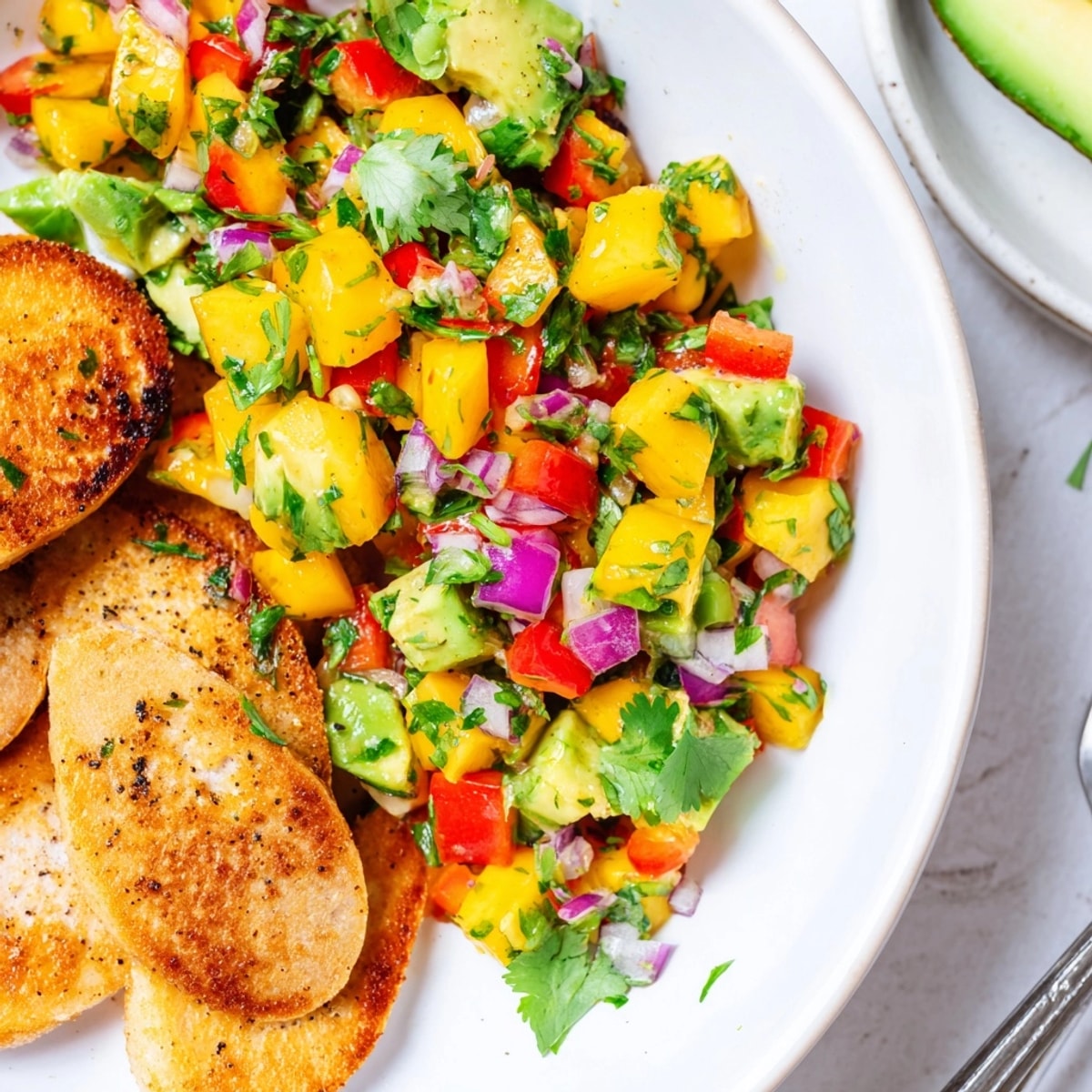 Serving suggestion: Grilled chicken sausage topped generously with homemade Mango Avocado Salsa.