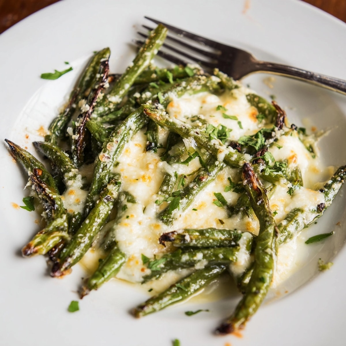 Golden Cheesy Garlic Roasted Green Beans, sizzling with melted cheese and fresh parsley.