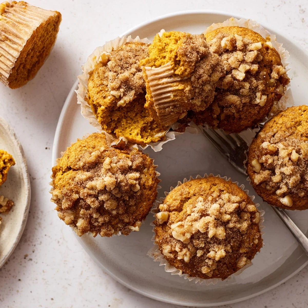 Moist ginger-spiced pumpkin muffins topped with nuts and aromatic spices, irresistible!  