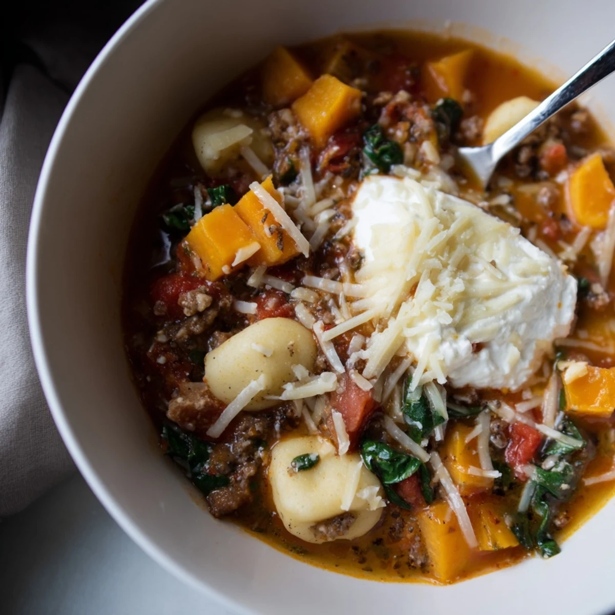 Comforting lasagne soup featuring pillowy sweet potato gnocchi and vibrant vegetables.  