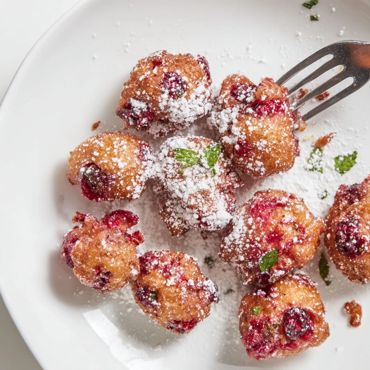 Crispy Tempura Cranberry Bites on a platter, dusted with powdered sugar, looking irresistible.  