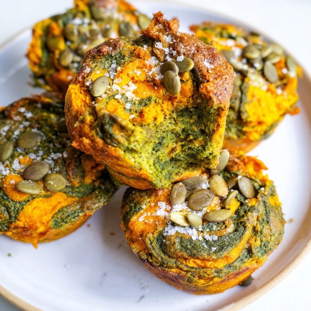 Moist Rustic Matcha Pumpkin Muffins topped with pumpkin seeds and warm spices.  
