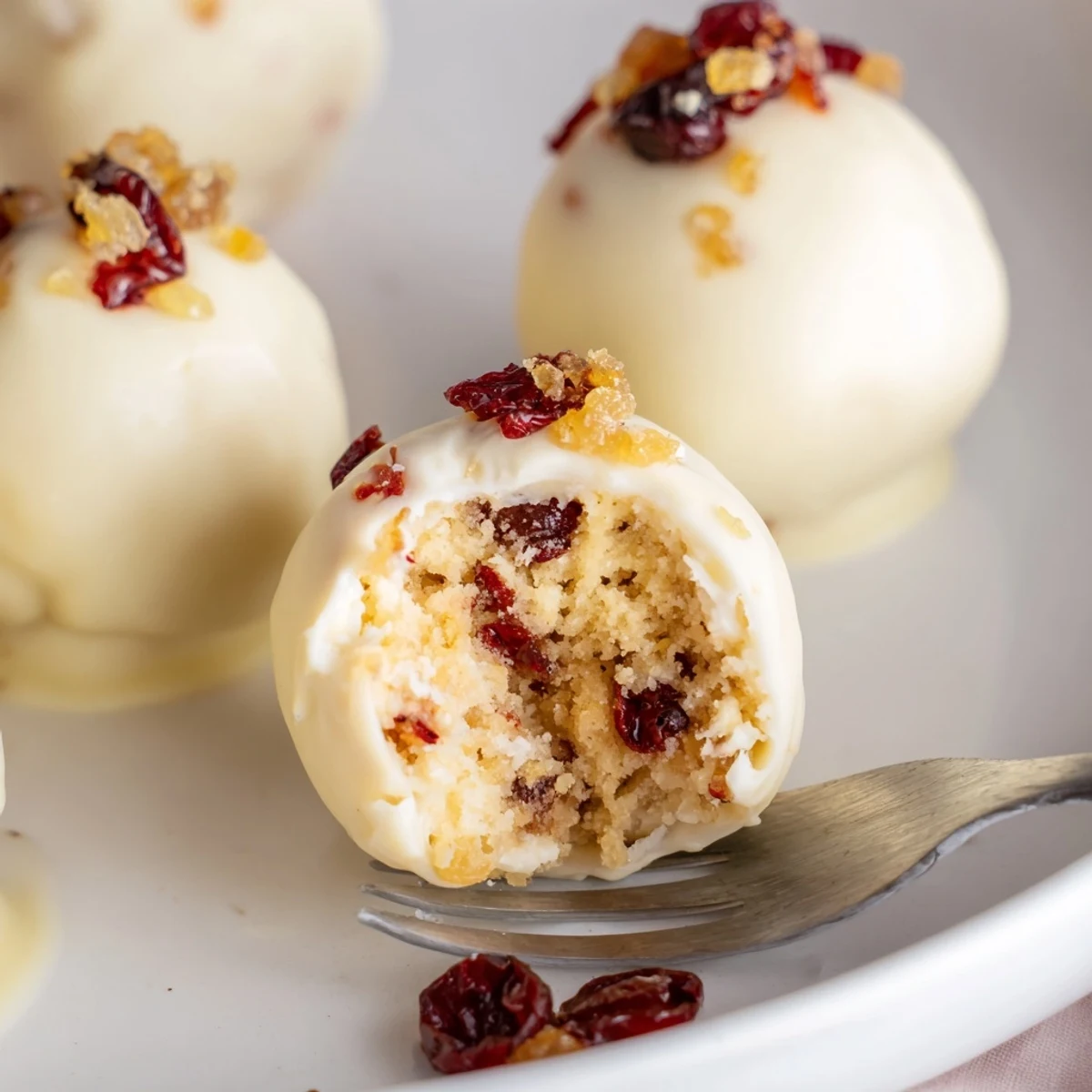 Irresistible ginger cranberry muffin truffles, featuring a sweet white chocolate coating and fruity bursts.