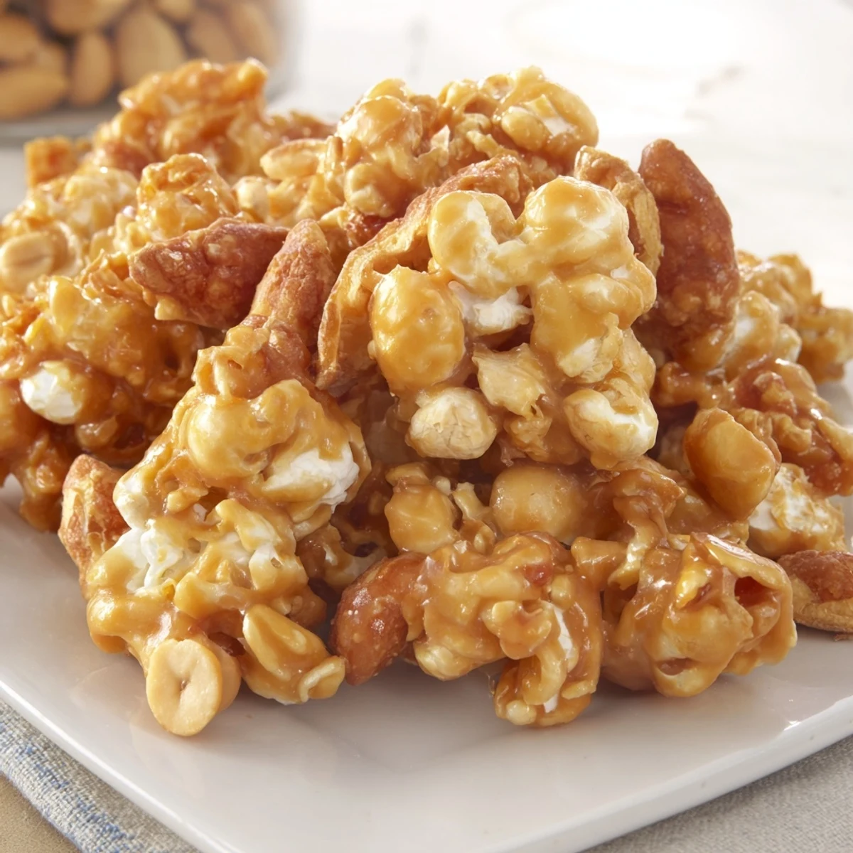 Crunchy Caramel Apple Cracker Jacks garnished with apple slices and popcorn clusters.  