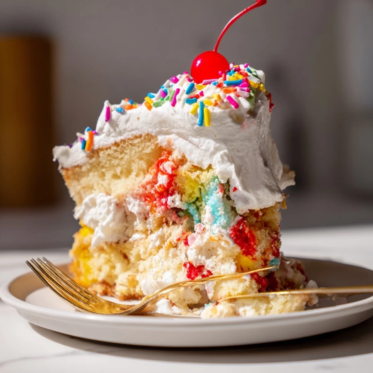 Whimsical Silly Cake Soda Float Bake topped with whipped cream and colorful sprinkles.  