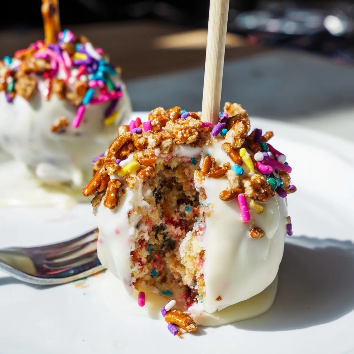 Moist Funfetti Spicy Pretzel Cake Pops coated in white chocolate and sprinkles.  