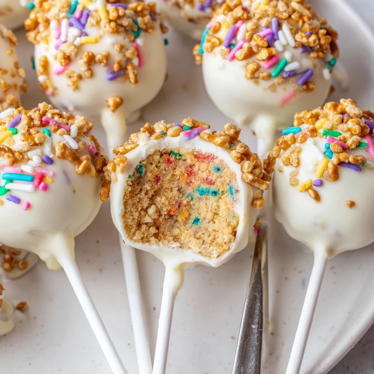 Colorful Funfetti Spicy Pretzel Cake Pops topped with crunchy pretzels, perfect for celebrations.  