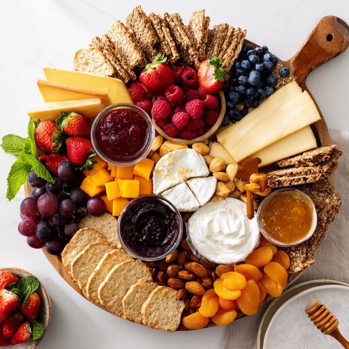 Delightful jam-infused brunch board featuring creamy cheeses and vibrant berries.  