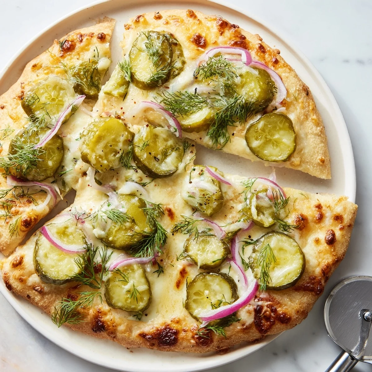 Tangy Pickle Pizza topped with creamy sauce and crunchy dill pickles.  