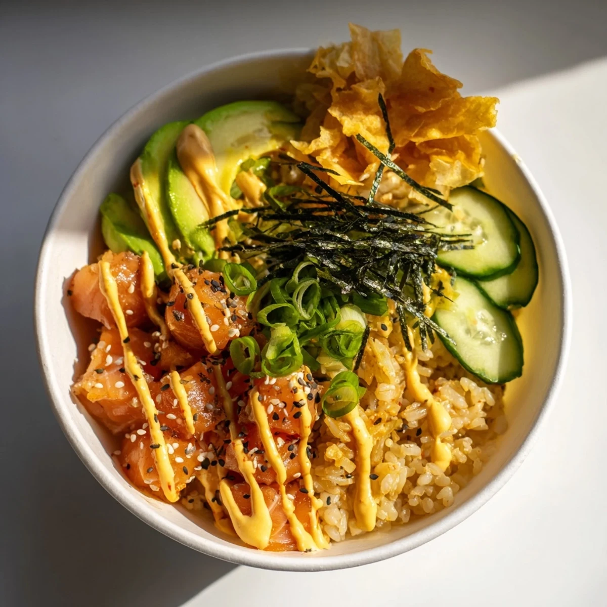Crispy salmon rice bowl topped with spicy mayo, vibrant kimchi, and fresh avocado.  