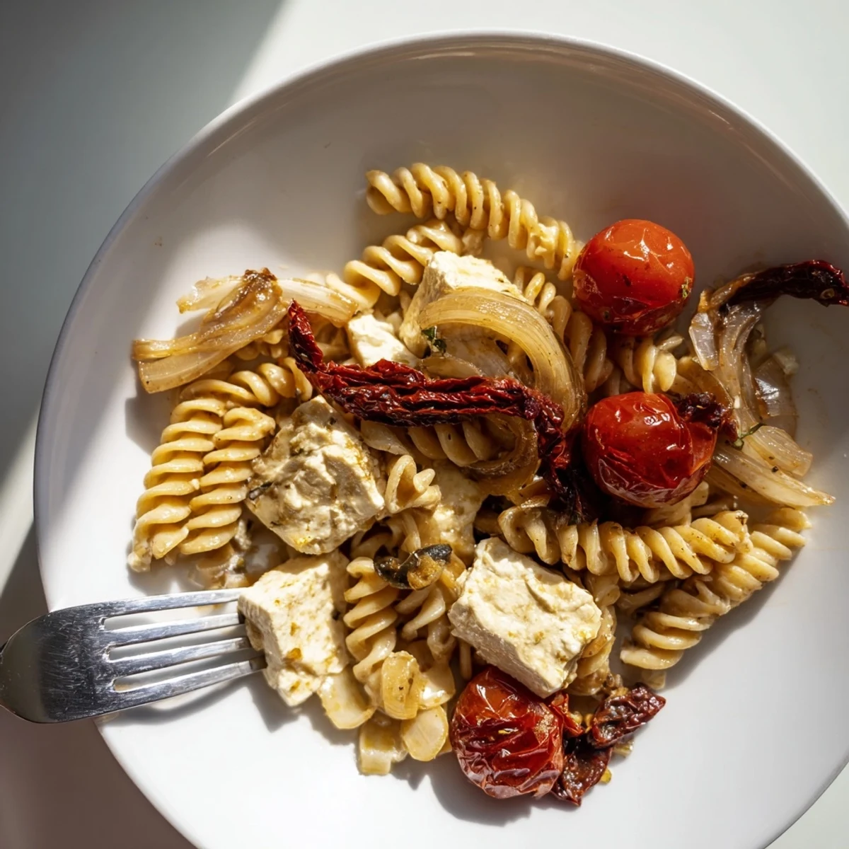 Creamy Baked Feta Pasta topped with caramelized onions and vibrant sun-dried tomatoes.  