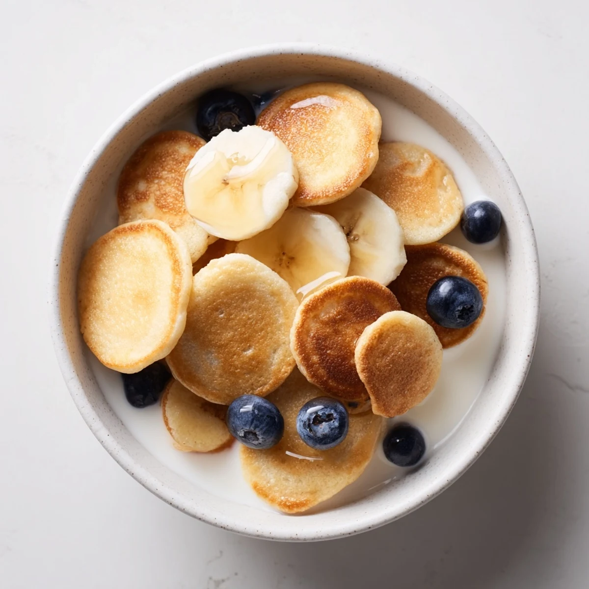 Mini pancake cereal served in a bowl, topped with fresh berries and syrup.  