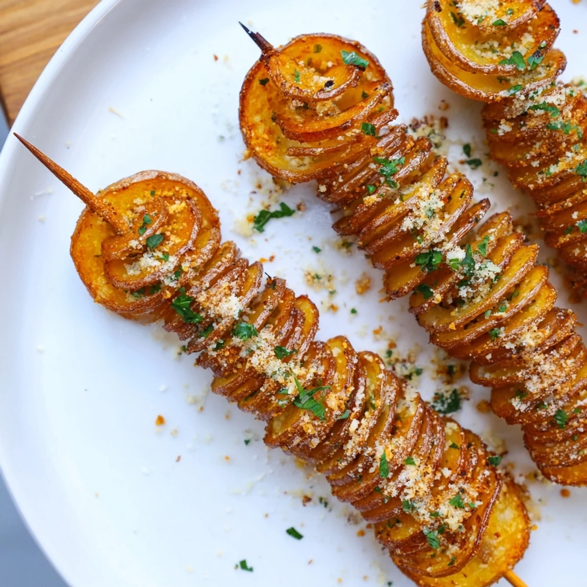 Golden brown Air-Fryer Tornado Potatoes topped with Parmesan and fresh herbs await.  