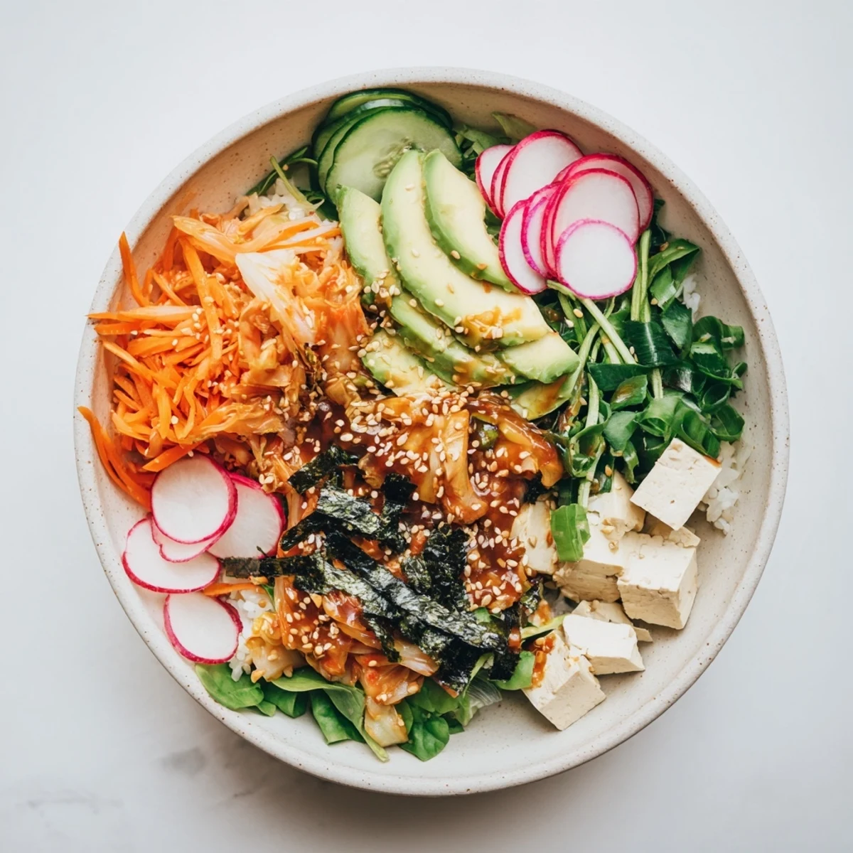 Hearty fermented vegetable bowl with kimchi, crunchy radishes, and a zesty dressing.