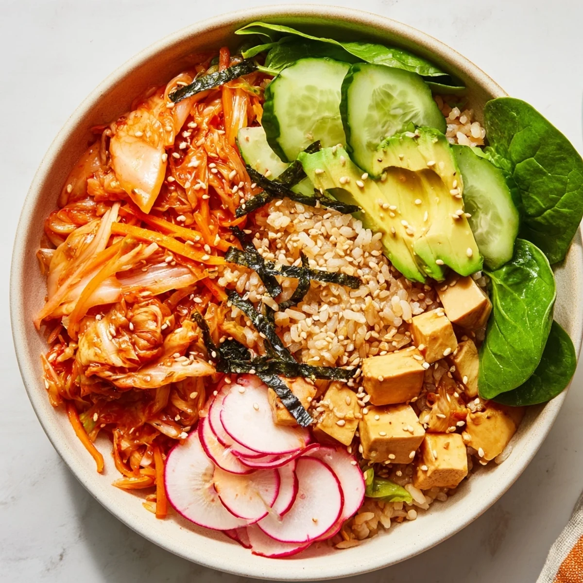 Vibrant fermented vegetable bowl featuring kimchi, seasonal veggies, and hearty grains.  