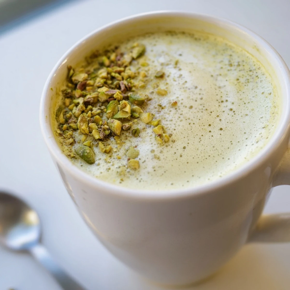 Creamy pistachio milk latte topped with crushed nuts, perfect for coffee lovers.  