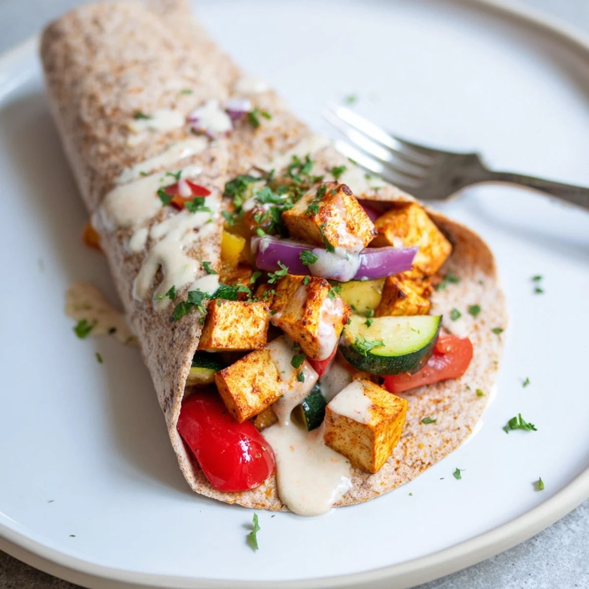 Delicious Vegan Viral Recipe Re-make served in warm wraps with tahini drizzle.  