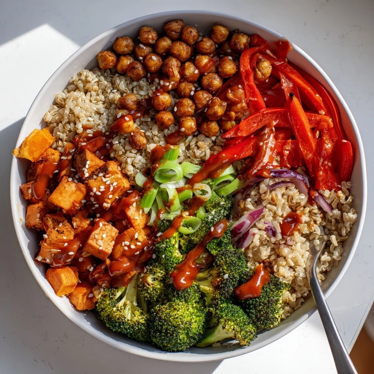Vibrant Bold Sauce Drizzle Bowls topped with roasted vegetables and chickpeas for a healthy meal.  