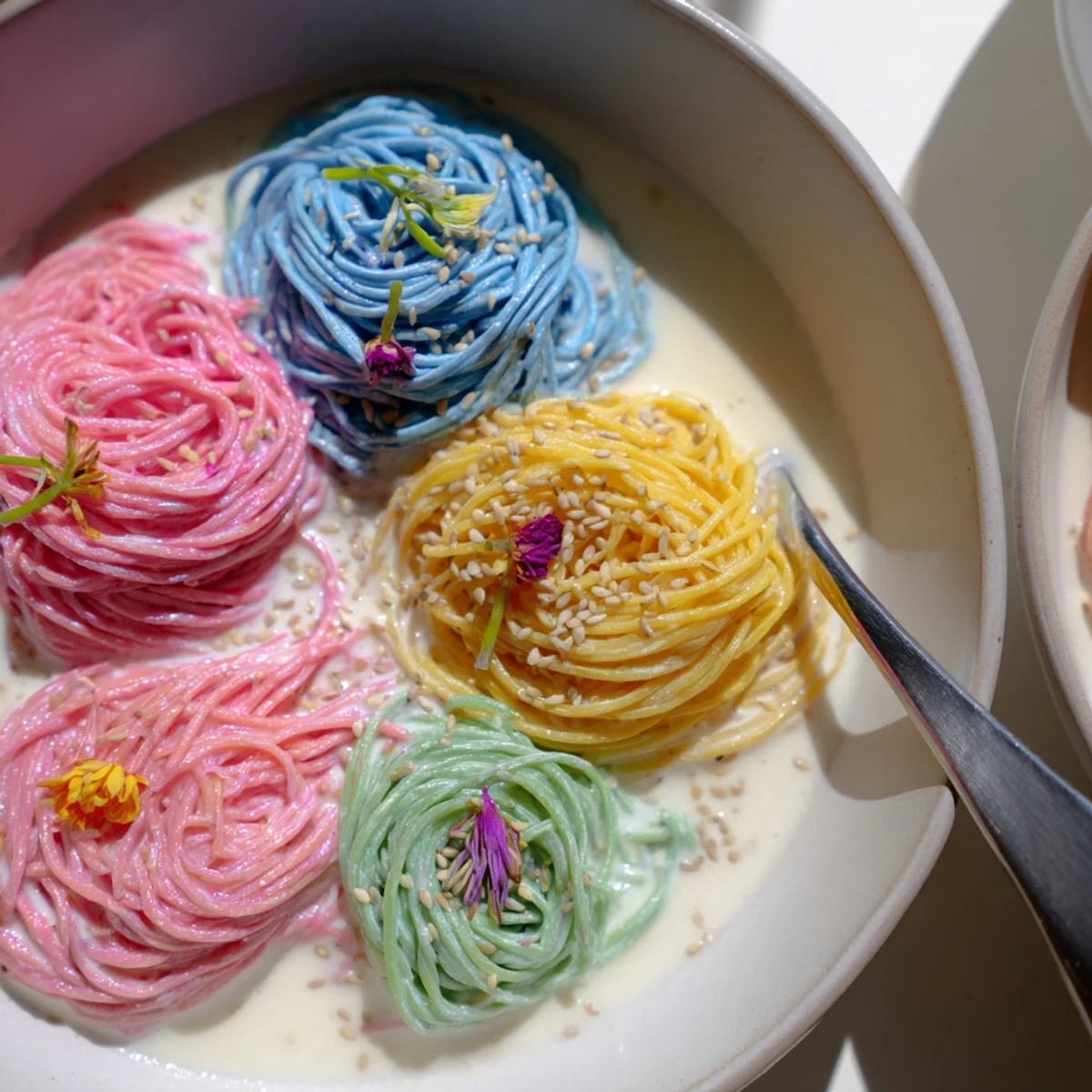 A colorful Neon Noodle Cloud dish in a creamy, dreamy sauce.  