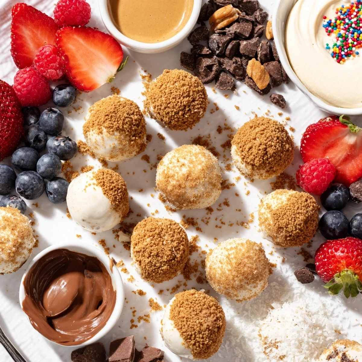 Delightful deconstructed dessert board showcases creamy cheesecake bites and fresh fruit toppings.  