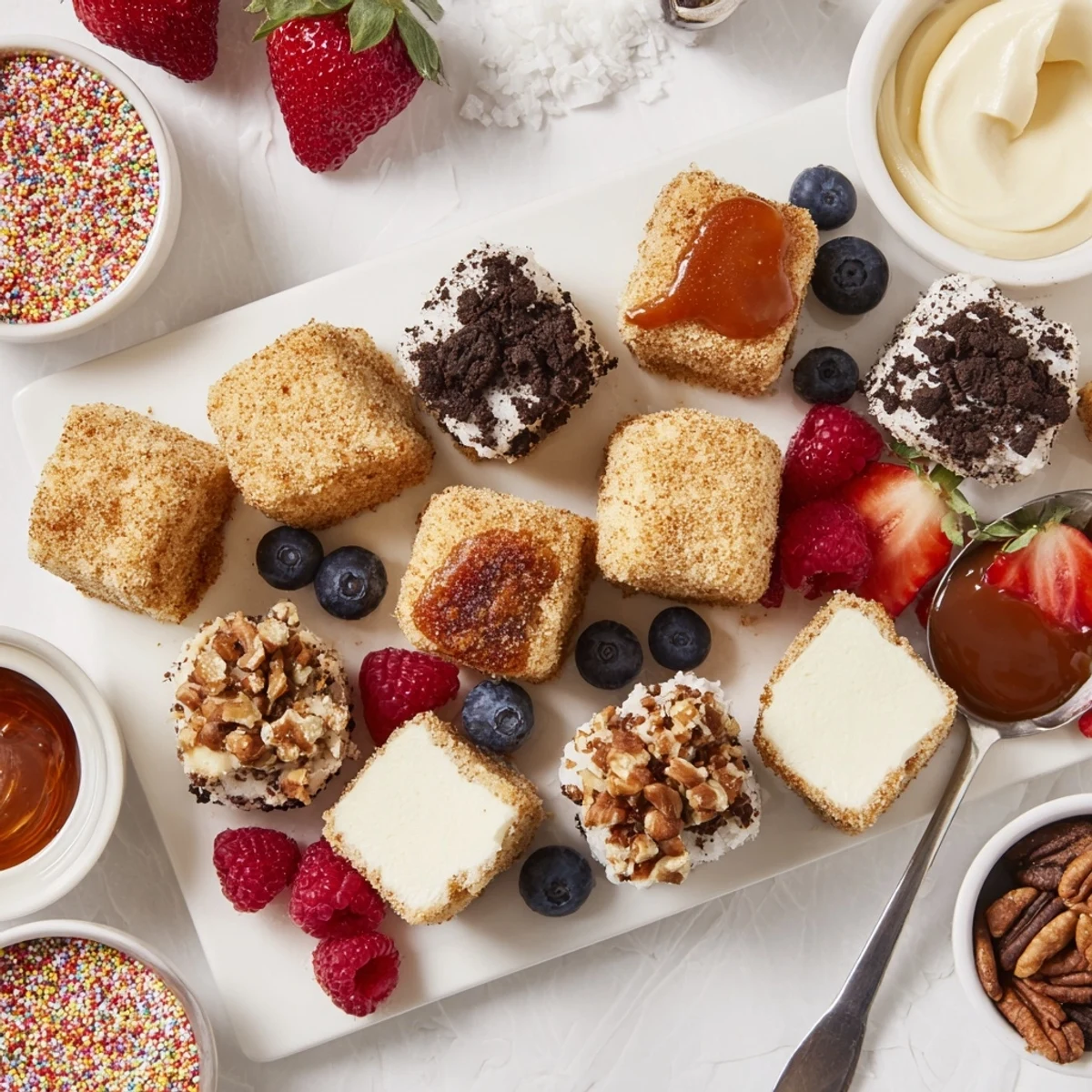 Interactive dessert board featuring cheesecake bites, luscious toppings, and vibrant summer berries.  