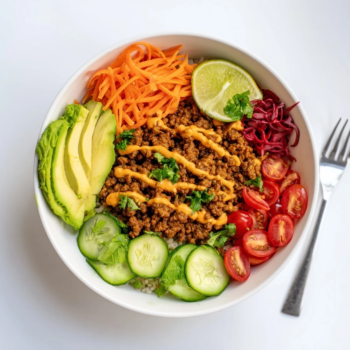 Hearty plant-based meat bowl featuring quinoa, fresh vegetables, and spicy mayo drizzle.