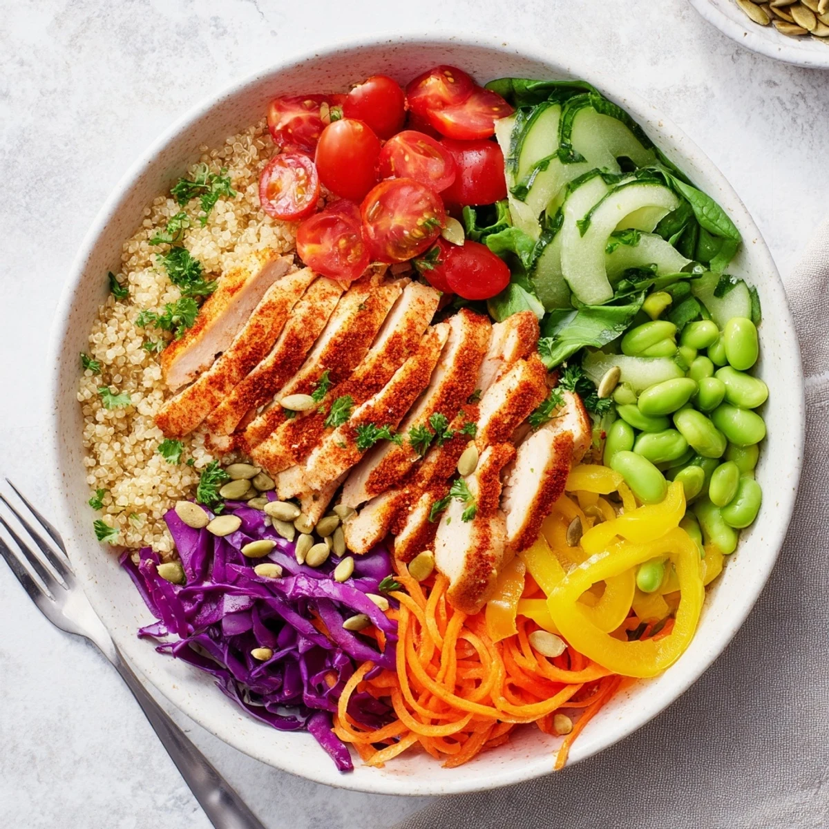 Colorful Healthy Meal-Prep Bowls featuring layered vegetables and protein-packed quinoa.  