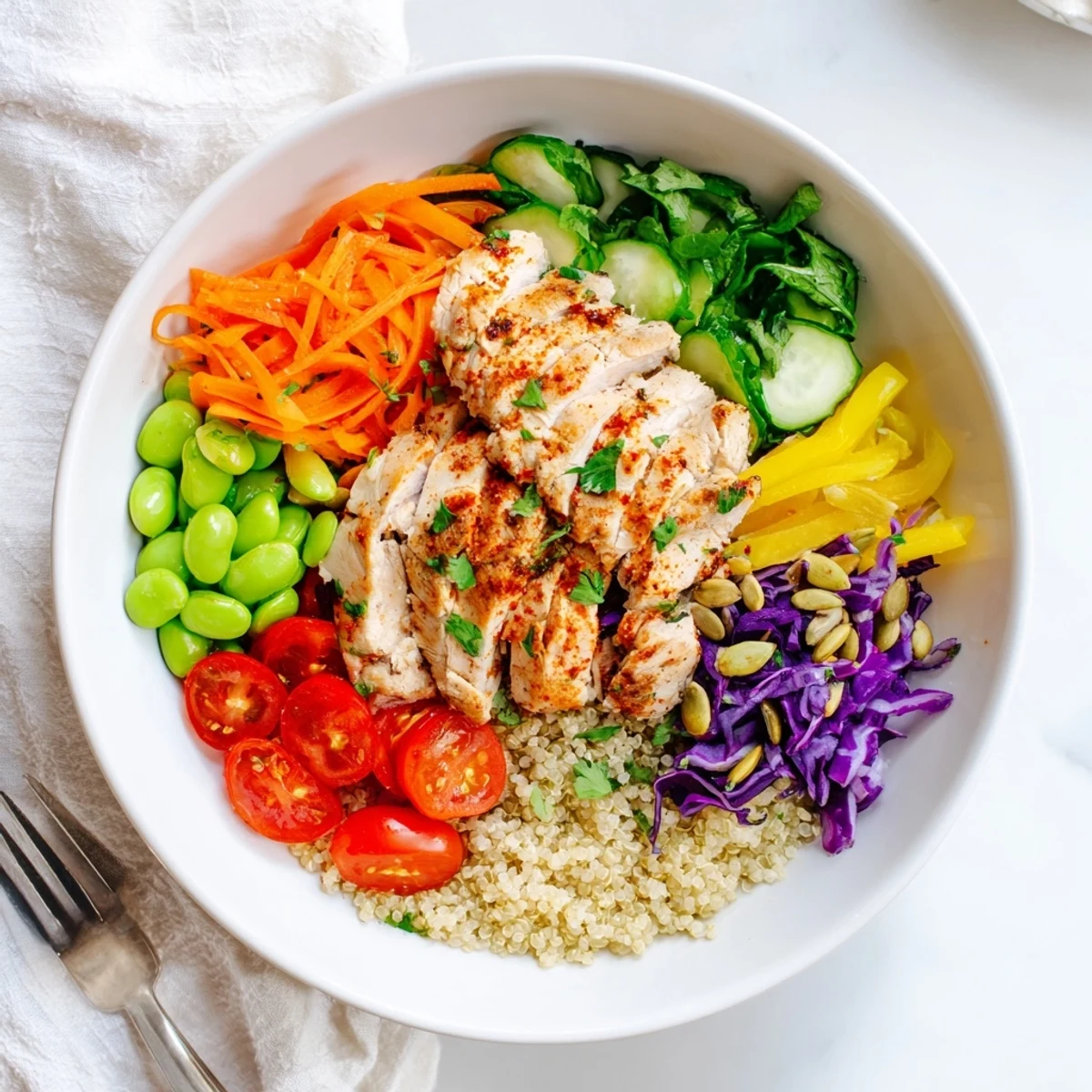Delicious Healthy Meal-Prep Bowls filled with grilled chicken and fresh, colorful veggies.