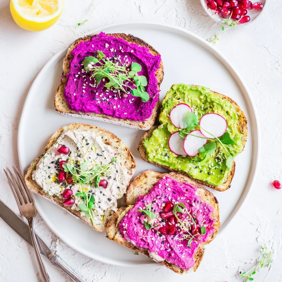 Vibrant breakfast toasts featuring ube spread, avocado, and garnishes for a healthy brunch.