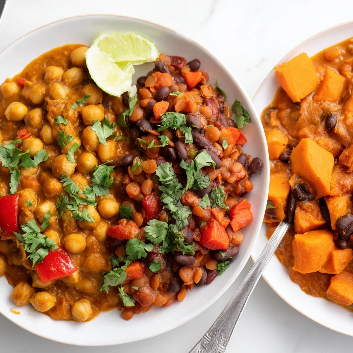 Vibrant Thai Red Lentil Curry bubbling with colorful vegetables, ready to serve with lime.  
