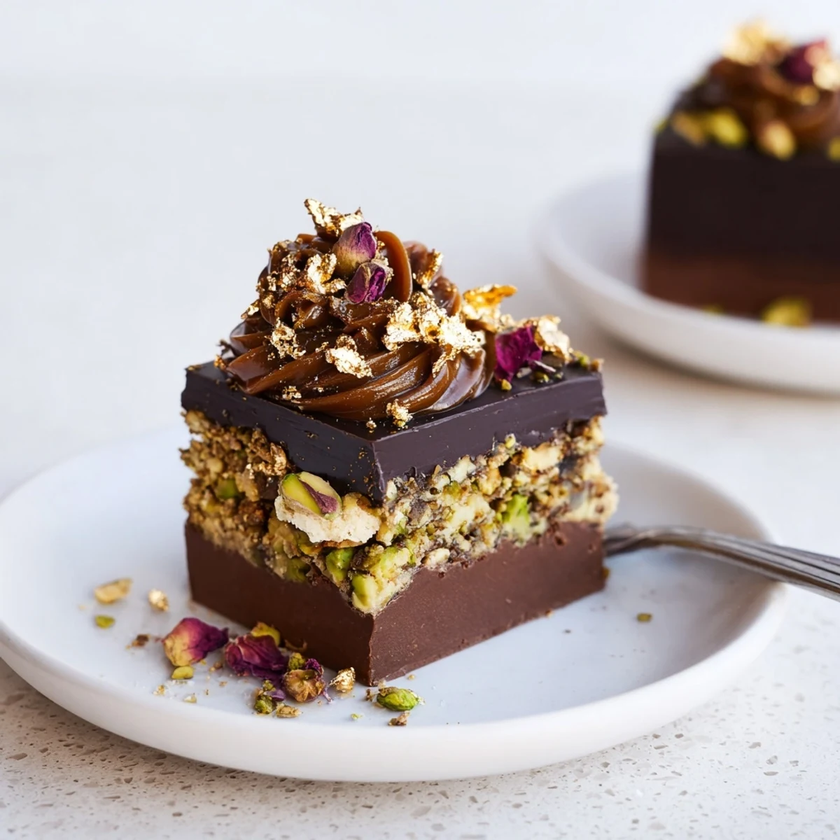 Fudgy chocolate bar inspired creations layered with spiced date caramel and coconut crunch.