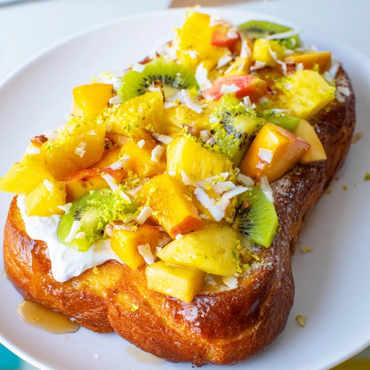 Golden-baked yogurt-custard toast, garnished with fresh pineapple and coconut, serves four.